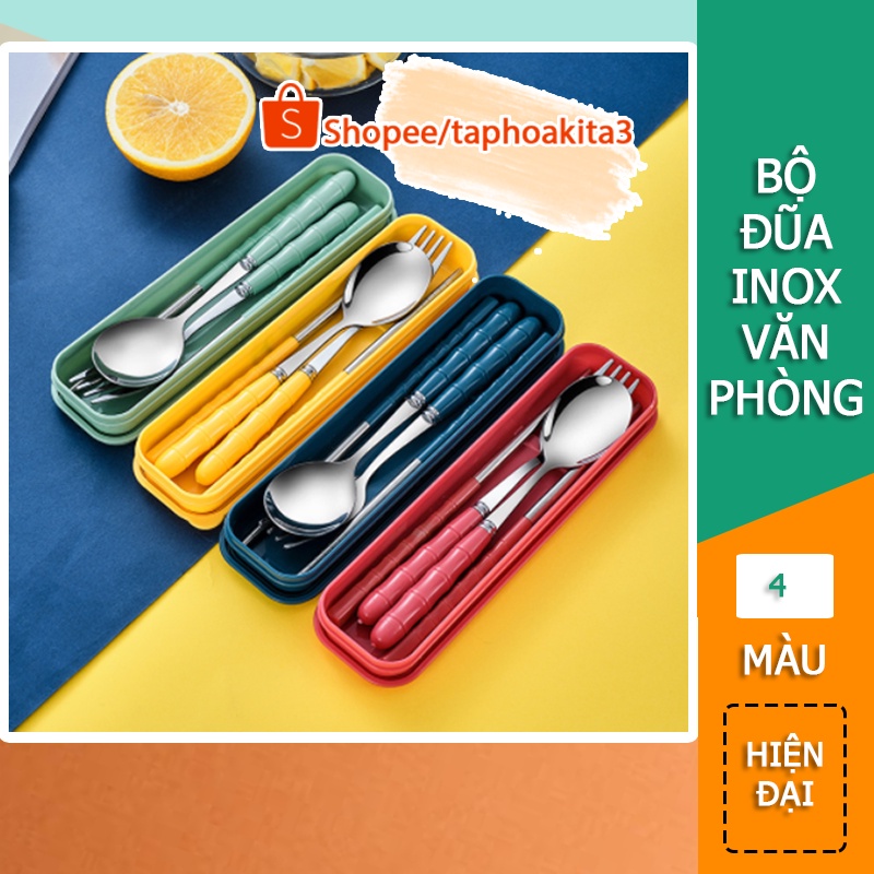 [Màu Mới] Bộ Muỗng Đũa Nĩa Inox Kèm Hộp Đựng Màu Sắc Cá Tính #C409 (Màu)