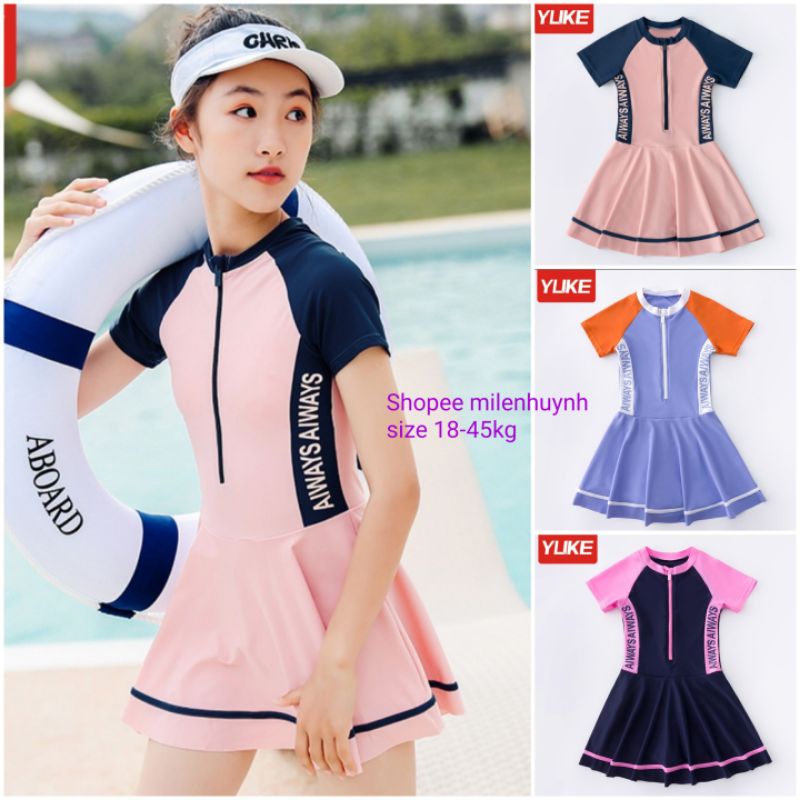 Đồ bơi liền thân kiểu váy có quần liền bên trong cho bé size 18-45kg, chất đẹp, hiệu YLIKE 3 màu cực xinh