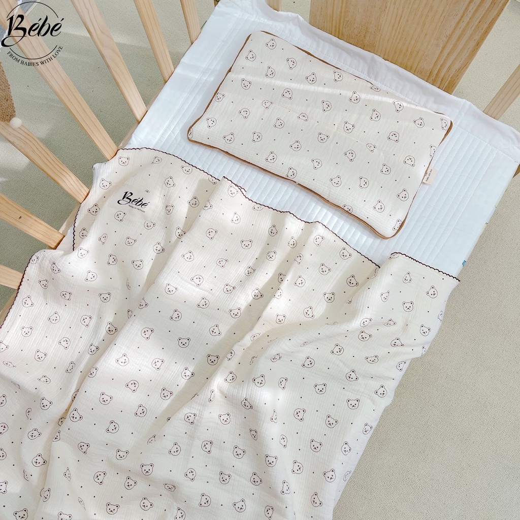 BéBé - Set Bộ Chăn, Gối Đầu, Chăn Ủ Viền Zigzag Họa Tiết Gấu In Cho Bé