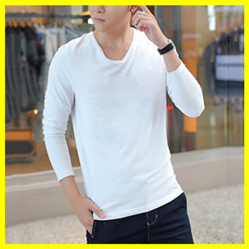 Áo thun nam dài tay cổ tim màu trắng chất cotton form dáng thích hợp nhiều lứa tuổi | BigBuy360 - bigbuy360.vn