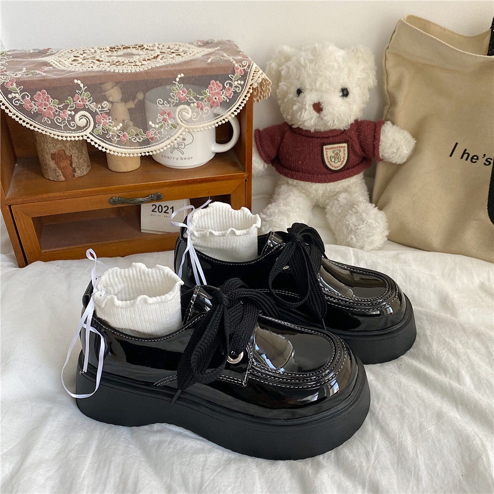 Giày Da Mũi Tròn Đế Dày Buộc Dây Phong Cách Lolita Nhật Bản Cho Bạn Gái