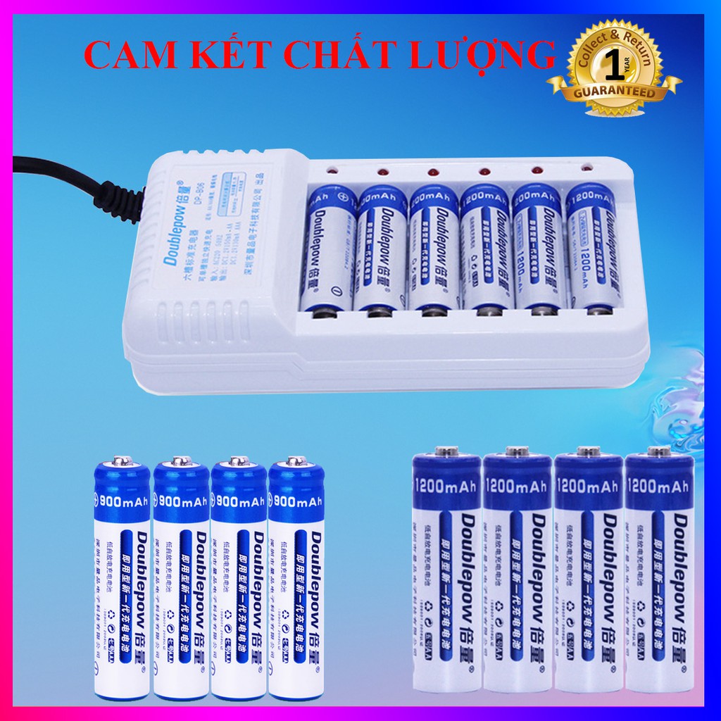 Combo Sạc pin 6 cổng, sạc AA, AAA DP-B06 - DoublePow + tặng kèm pin AA, AAA cùng hãng (tùy chọn loại pin)