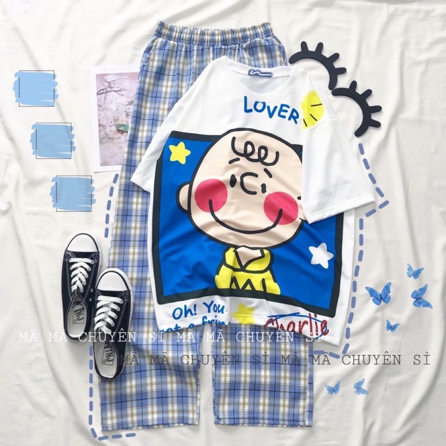 Sét áo cậu bé LOVE+ quần kẻ xanh