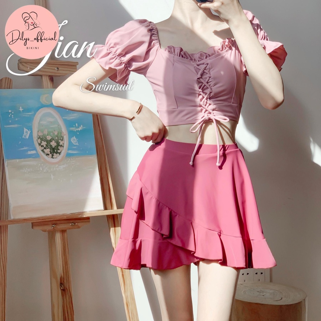Đồ bơi nữ 2 mảnh kín đáo DILYS 8357, Bikini đi biển phong cách hàn quốc áo bèo trễ vai chân váy trẻ trung, hiện đại