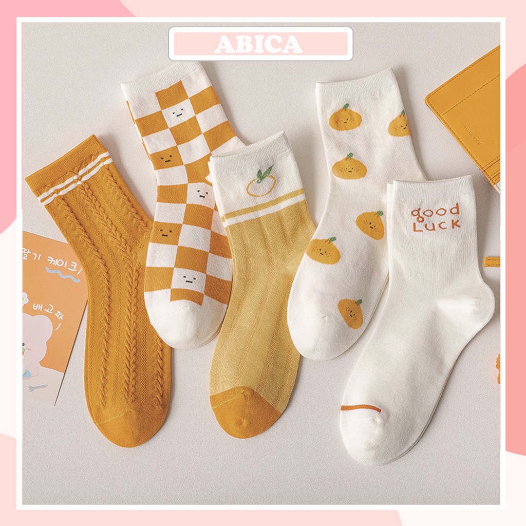 Tất vớ nữ cổ cao trắng ABICA bộ sưu tập trái cam phong cách Ulzzang Hàn Quốc nhiều màu dễ thương dành cho bạn gái TD044
