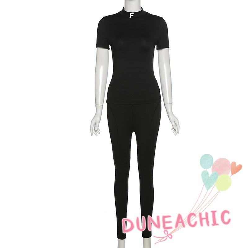 DUNEA Set Áo Thun Ngắn Tay Cổ Cao Và Quần Dài Lưng Cao Màu Trơn Thời Trang Cho Nữ