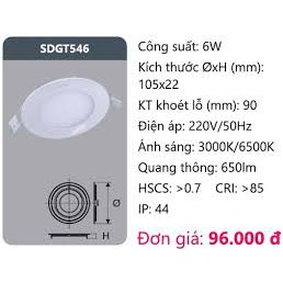 Đèn led panel siêu mỏng lắp âm trần SDGT5046 D90 6W Duhal ánh sáng trắng (6500K) sử dụng chip led Samsung