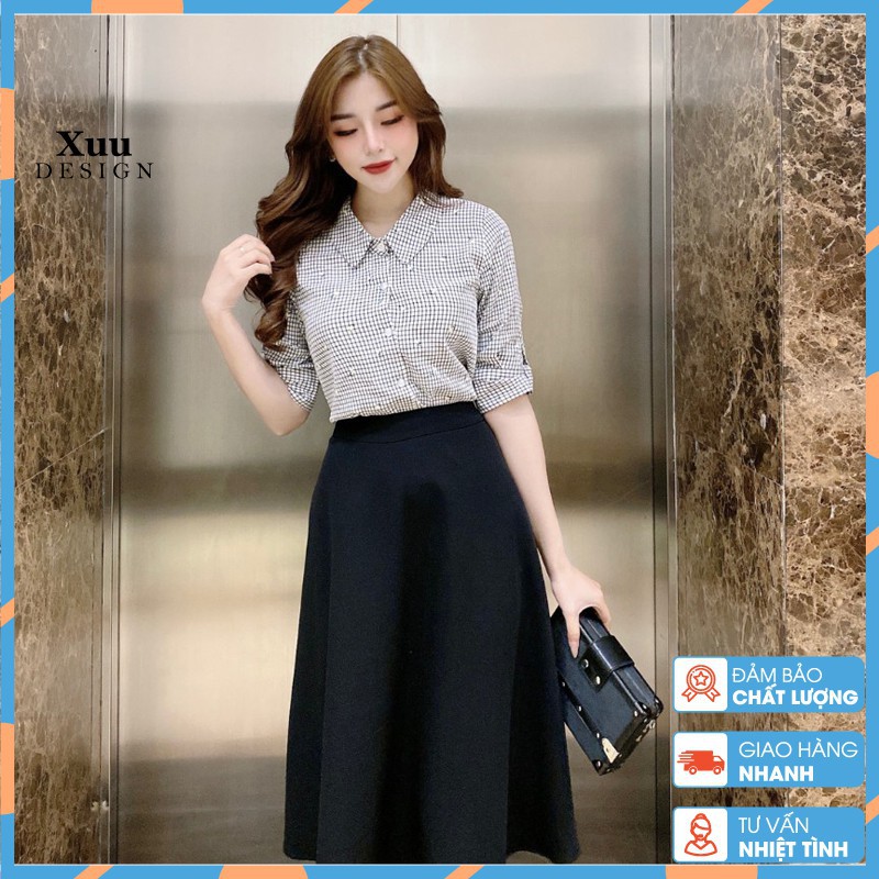 Áo sơ mi nữ tay ngắn 💖Xuu Design💖 Áo sơ mi kiểu công sở kẻ cổ sen hàng thiết kế chất vải đẹp -BS11 caro đen - Hàng mới