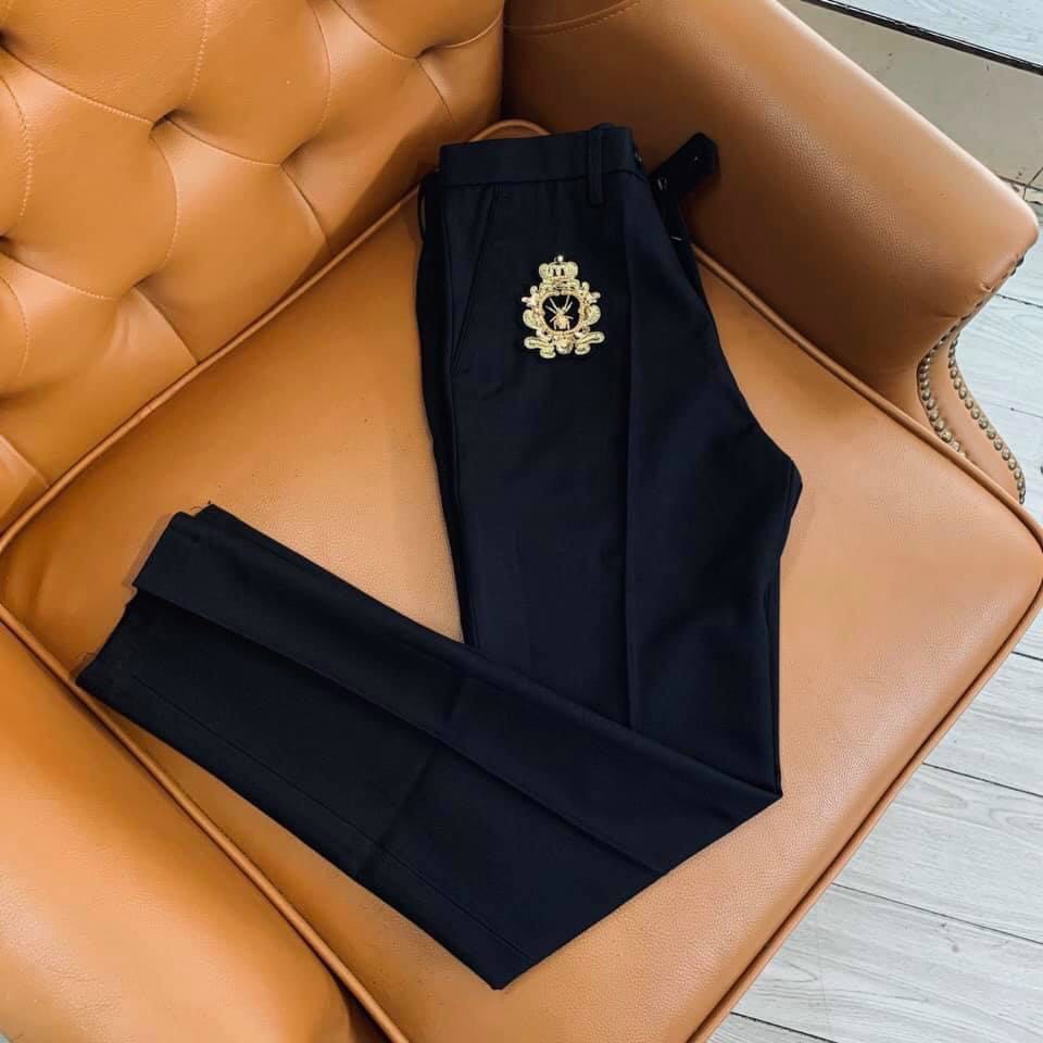 Quần âu nam ống côn hàn quốc, Quần tây nam thêu logo đính đá họa tiết vải tuyết hàn