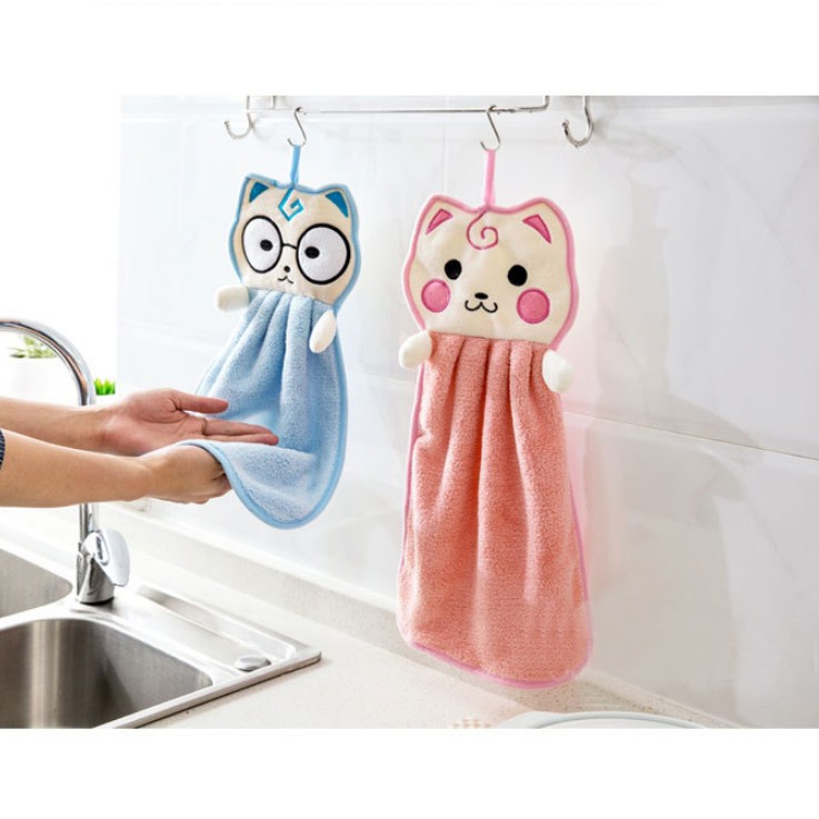 Khăn lau tay nhà bếp, nhà tắm có móc treo, khăn HÌNH MÈO lau tay ngộ nghĩnh siêu thấm hút nước