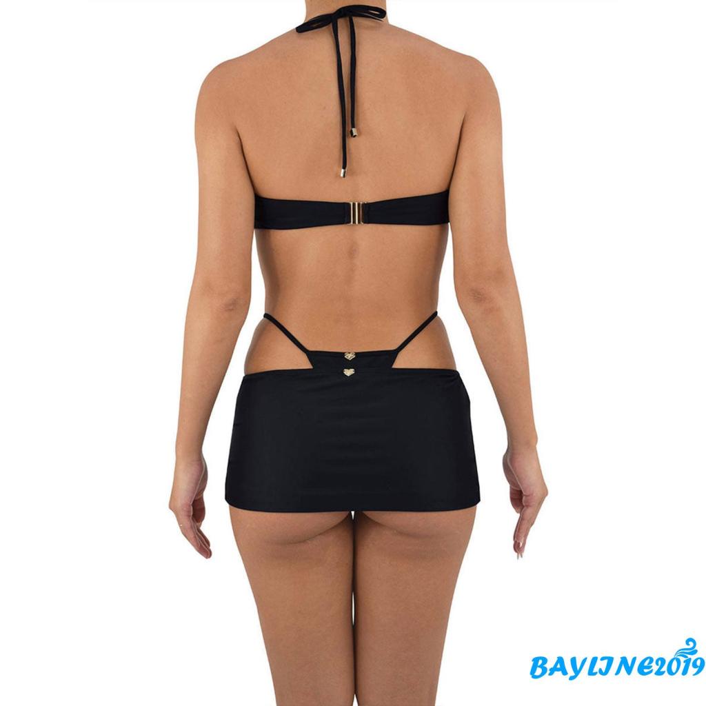 BAY-Women´s Three-Piece Clothes Outfit, Halterneck Sleeveless Hollow Out Tops + Thong + Skirt