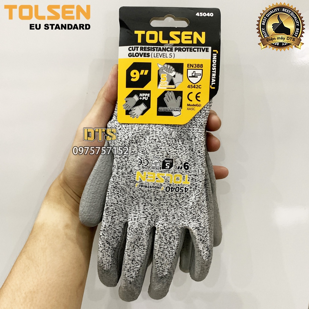 Găng tay chống cắt cấp độ 5 TOLSEN phủ PU, găng tay bảo hộ chống đâm xuyên, mài mòn, xé rách theo tiêu chuẩn EN388