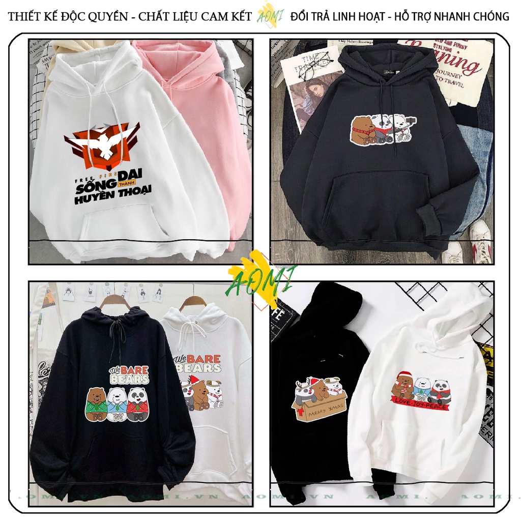 Áo khoác Nỉ Bông HOODIE Kawaii 3 chú gấu we are bear tay dài da cá mũ trùm đầu unisex full size AOMIVN