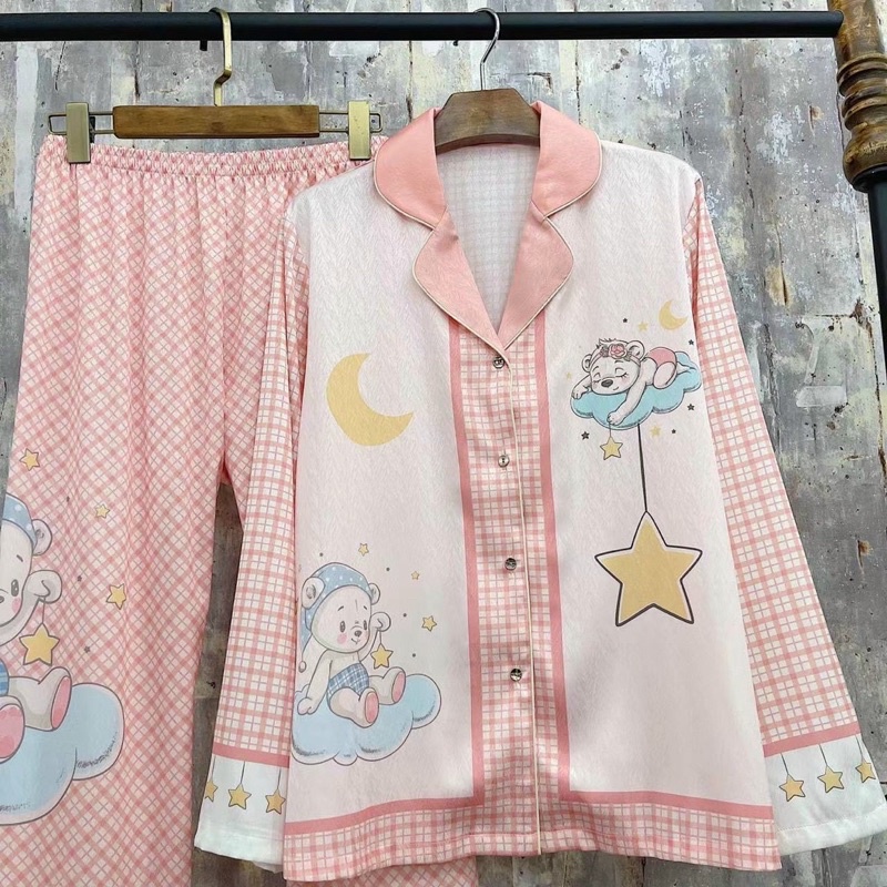 bộ pijama cao cấp lụa xước Quảng Châu tay dài gia đình gấu