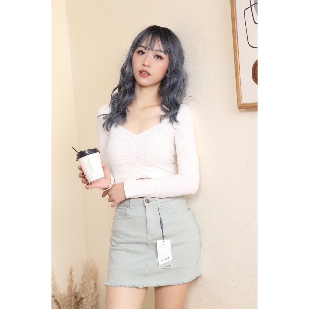 Quần Váy Jean Nữ Dáng A  Xanh Ngọc Trơn Gấu Tua co giãn CT Jeans