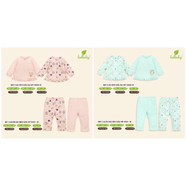 LULLABY 2019 - Set 2 áo/quần/bộ dài tay áo bèo gấu cho bé gái từ 3 tháng đến 4 tuổi