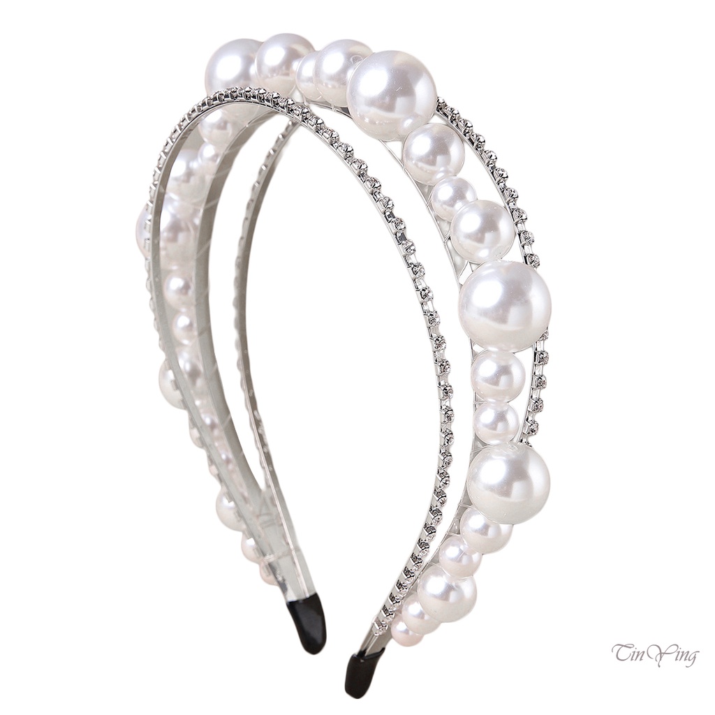 GETNOIVAS Băng Đô Cài Tóc Đính Ngọc Trai Hai Hàng Cá Tính Cho Phù Dâu Đám Cưới
