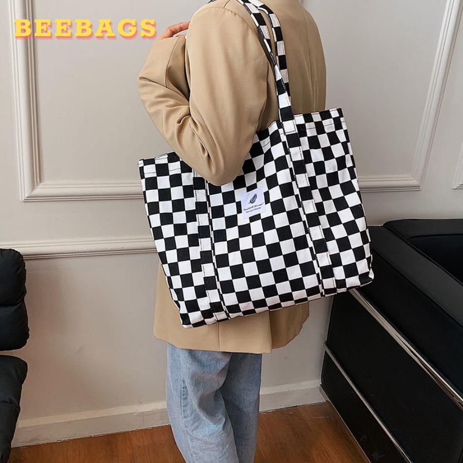 Túi Tote Caro To Đựng Laptop, Sách Vở Có Khóa Zip Màu Đen, Xanh Lá | TOTE10 | Túi Tote Đeo Vai Họa Tiết Bàn Cờ Dễ Phối