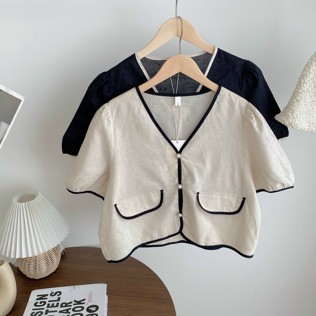 Áo Linen viền cổ V khuy trai 2471 I MISS