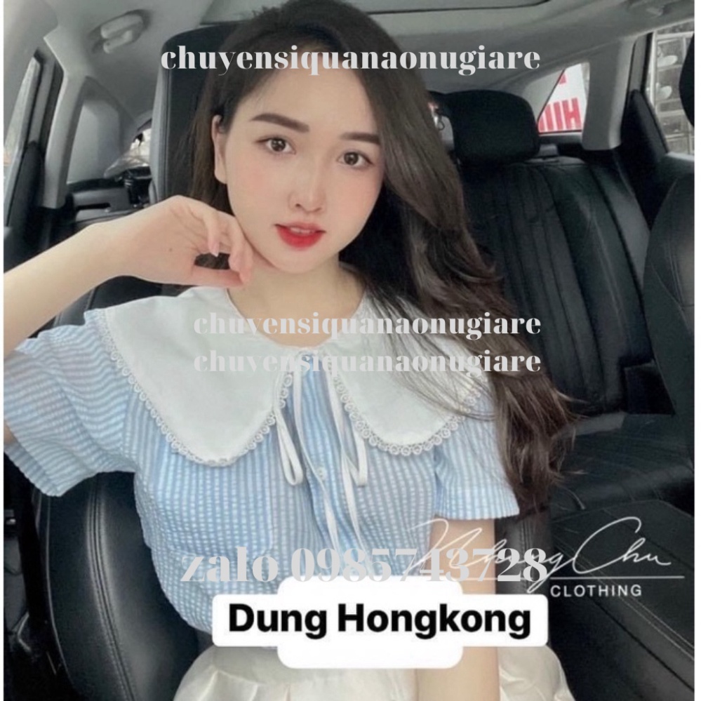 Áo sơ mi kẻ cổ bèo tiểu thư 2 màu ngắn tay kaca chuyensiquanaonugiare