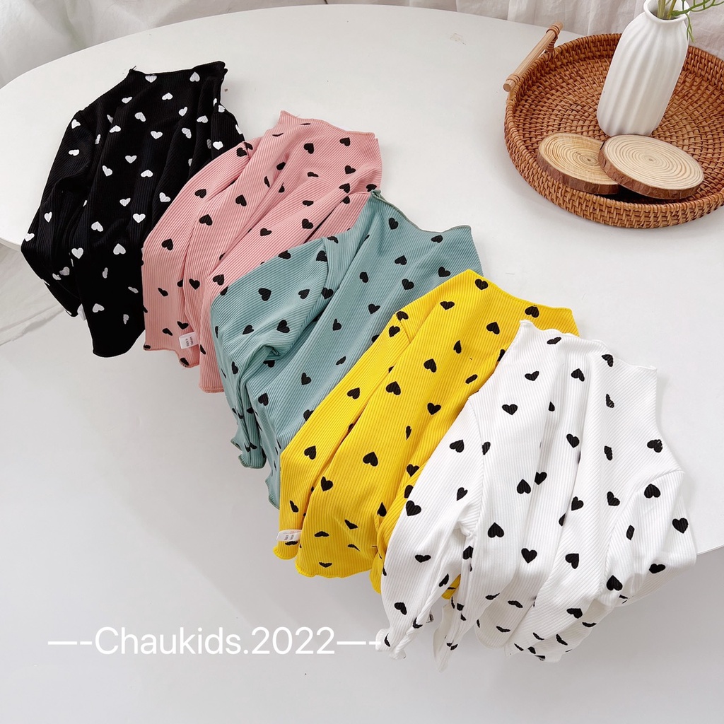 [SALE] Áo Cổ Lọ Cho Bé Gái Vải Thun Tăm Hoạ Tiết Trái Tim, Áo Thun Cho Bé Mặc Nhà Thu Đông CKAD01