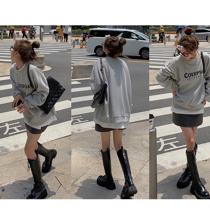 Áo Sweater Xám Dáng Rộng Dài Ngang Gối Vải Cotton Thêu Họa Tiết Kiểu Retro Mỹ Xinh Xắn Cho Bạn Gái