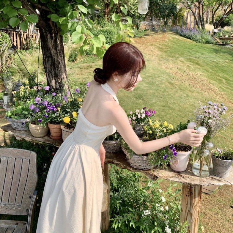 Váy đi biển trắng LUHAZO nữ đẹp maxi 2 dây dài rộng bigsize Hàn Quốc vintage cổ vuông babydoll hở lưng 8516 DK7T101