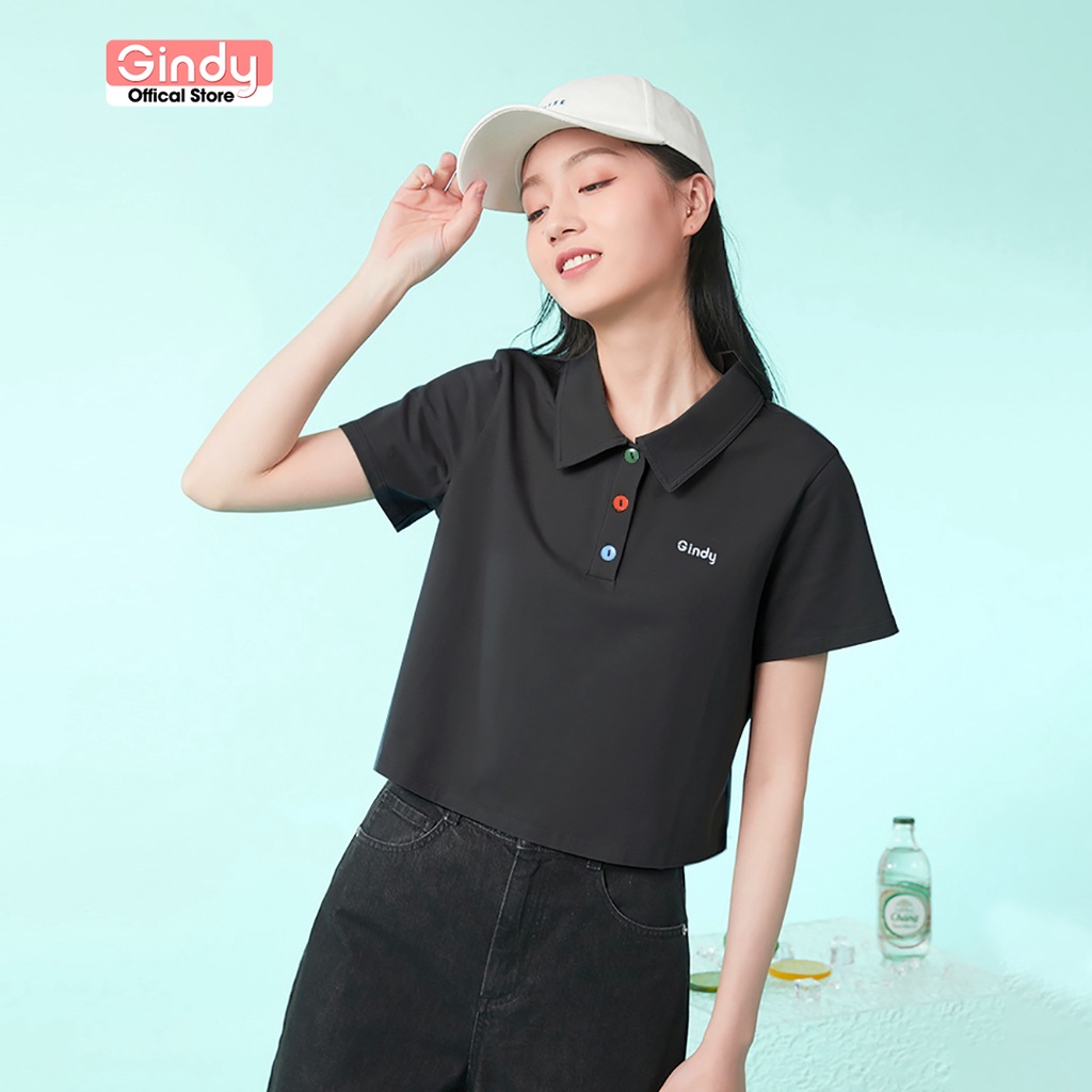 Áo thun phông nữ polo GINDY cúc màu sắc 3 màu cổ bẻ cotton tay lỡ basic dáng lửng unisex vải cotton thoáng mát A8110