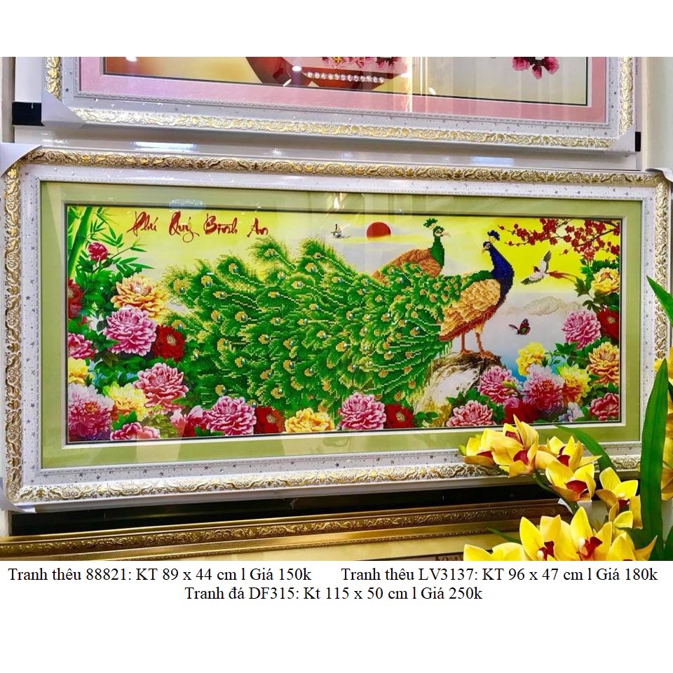 Tranh thêu chữ thập ( giá sỉ) Công xanh Phú Quý Bình An 3D LV3137 (96x47cm), 88984 (59x36cm), E180YN 100x55cm, DF315