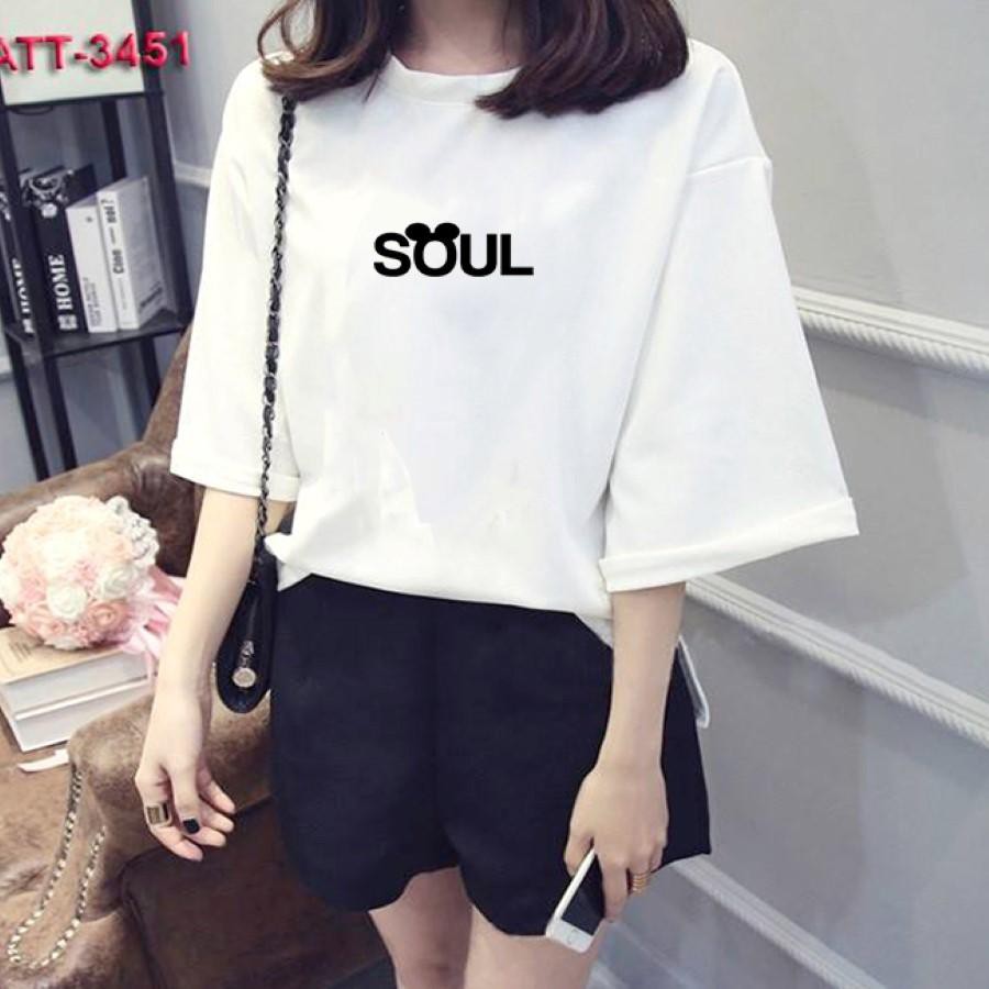 Áo thun nữ tay lỡ Hàn Quốc form rộng in hình chữ Soul vài dày mịn TEEWOTL17