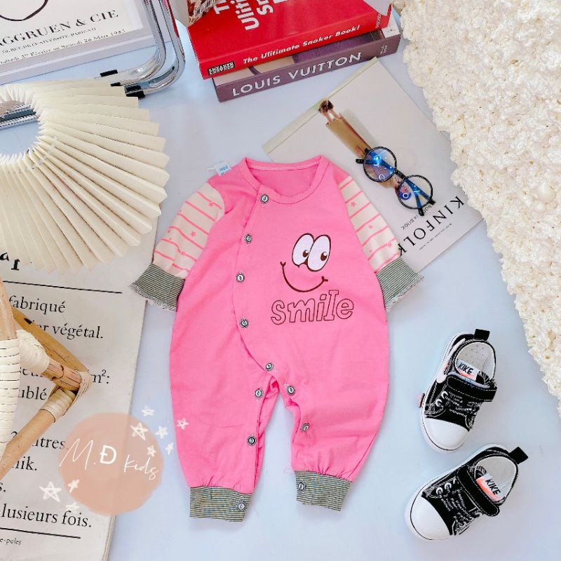 Body Dài Tay Sơ Sinh Vải Cotton, Hình Mặt Smile Cho Bé 3-9kg