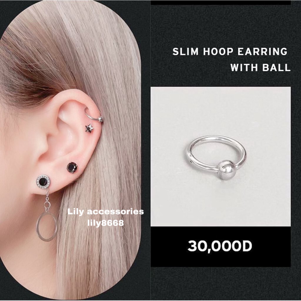 Slim Hoop Earring With Ball khuyên tai titan tròn bi không gỉ không đen không dị ...