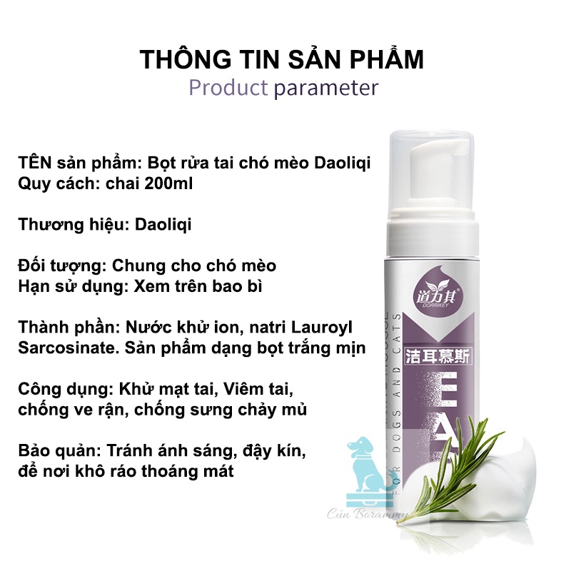 Bọt rửa tai vệ sinh loại bỏ viêm thối tai cho chó mèo Daoliqi 200ml khử mùi hôi tai xua đuổi ve rận cho thú cưng