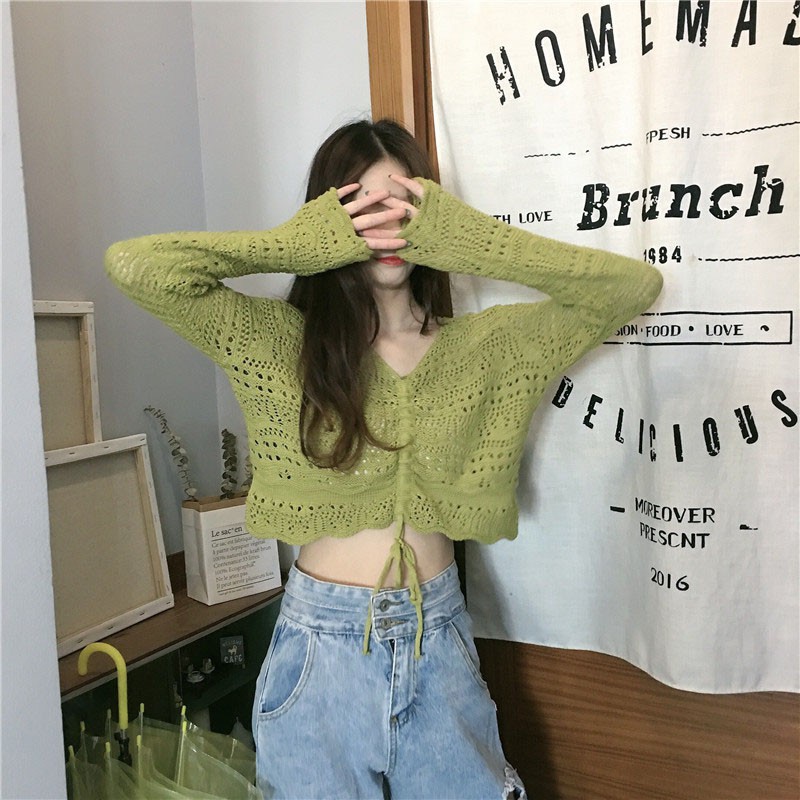 New Thin Loose V-neck Knit Hollow Out Take Drawstring Sunscreen T-Shirt