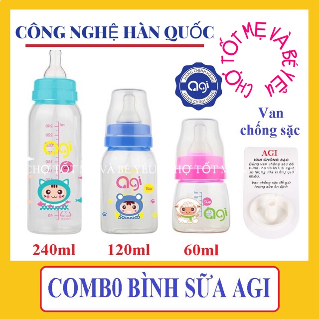 [MẪU MỚI] COMBO 3 BÌNH SỮA AGI CÓ VAN CHỐNG SẶC 60ML-120ML-240ML