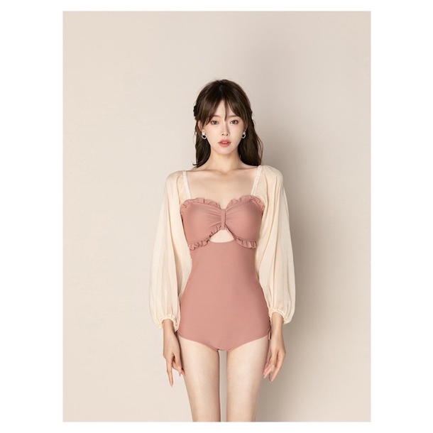 Bikini một mảnh  Hàn Quốc  vải xịn màu hồng đất tay dài voan xịn đẹp, đô bơi, bộ bơi đi biển sang chảnh quyến rũ
