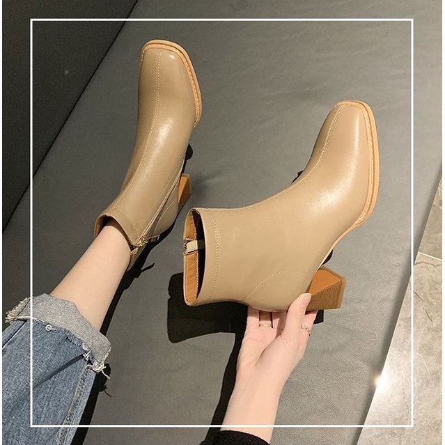 Giày Boots nữ da mềm khóa sườn WOMENSTORY bốt thời trang cao cấp  Boot cao cổ đế vuông 7 cm mùa đông