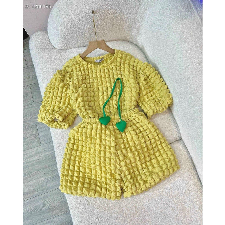 sét bộ xốp QC đùi phối áo có nơ cổ tròn ngắn tay hott