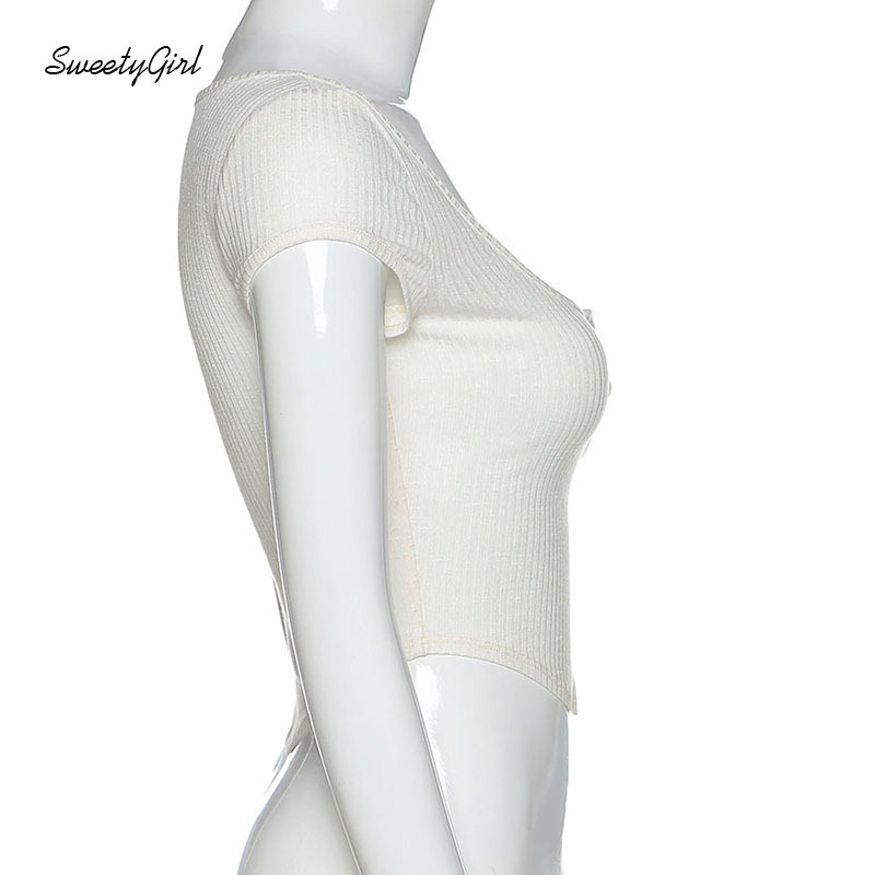 Áo croptop tay ngắn cổ chữ U màu trơn có nút cài thời trang cho nữ