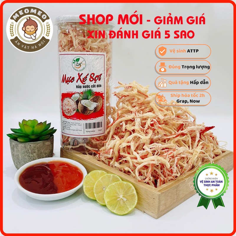 Mực xé hấp nước dừa, khô mực xé sợi 300g loại ngon, khô mực hấp nước dừa xé sợi chuẩn vị MEOMEO đồ ăn vặt Hà Nội