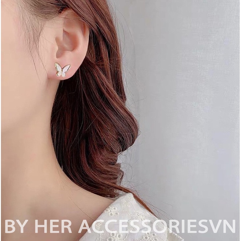 Bông tai hình bướm khảm đá sà cừ đơn giản, khuyên tai bướm chuôi bạc 925 Her Accessories H91