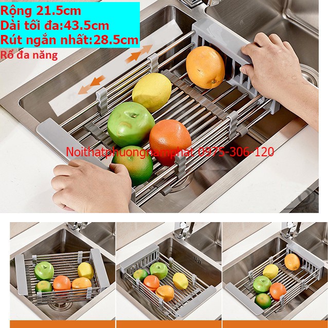 Khay Rổ Rút Đa Năng Đựng Trái Cây Thực Phẩm 100% INOX HÀNG ĐÁNH BÓNG ĐẸP KÉO DÀI LẮP VỪA CÁC CHẬU