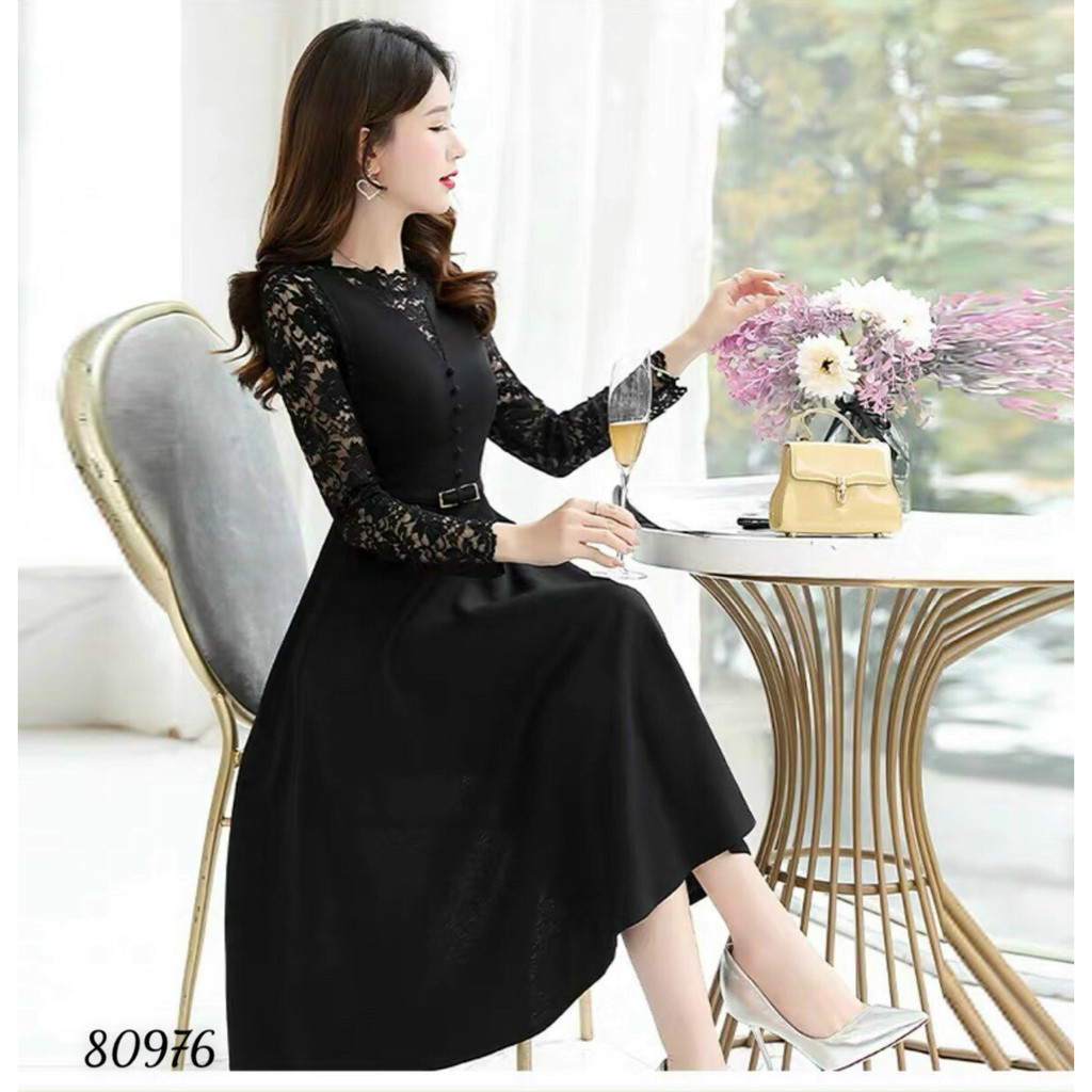 Đầm váy nữ trung niên dự tiệc dạo phố dài tay phối ren màu đen đỏ lịch lãm