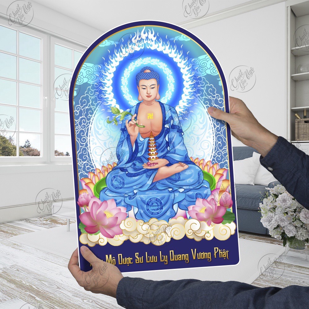 Hình Phật Thích Ca, Phật Dược Sư, Quán Thế Âm Bồ Tát, Thiên Thủ Thiên Nhãn kích thước 50cm x 33cm, decal chống nước.