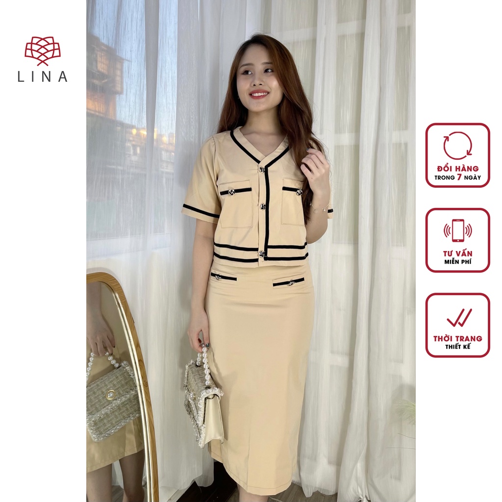 SET Croptop LINA giả Vest kiểu dáng tiểu thư màu be thanh lịch, chất liệu trượt Hàn cao cấp | BigBuy360 - bigbuy360.vn