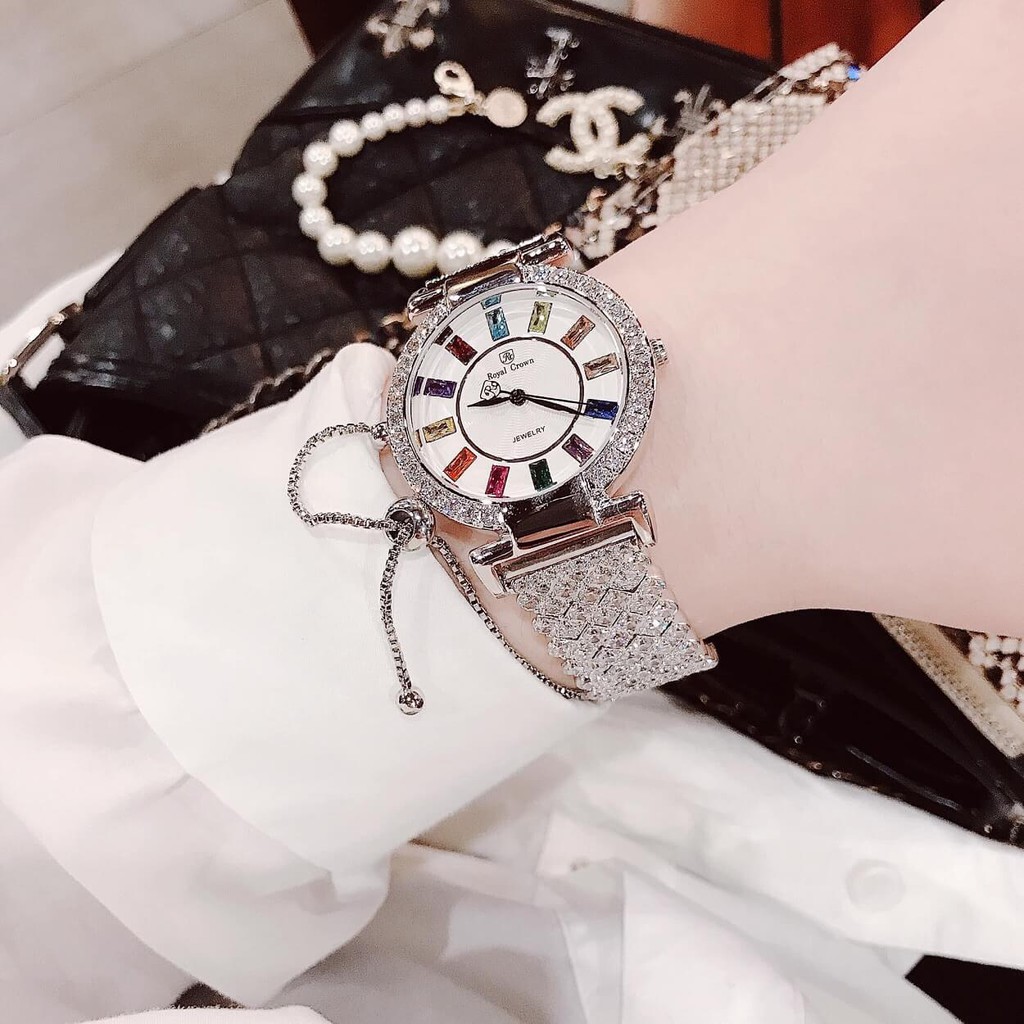 Đồng hồ nữ đính đá, đồng hồ đeo tay ROYAL CROWN dây kim loại đính đá quý cao cấp giá rẻ, thời trang sang chảnh, siêu hot