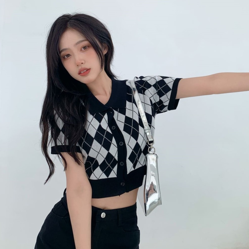 Áo Polo Tay Ngắn Họa Tiết Kim Cương 175285 Áo Dệt Kim Ngắn Phong Cách Retro Thời Trang Mùa Hè Dành Cho Nữ