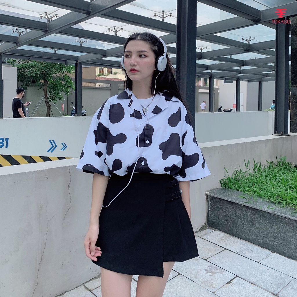 Bộ sơ mi unisex Tokago hoạ tiết Bò Sữa, sơ mi đi biển tay lỡ cartoon nam nữ, form rộng