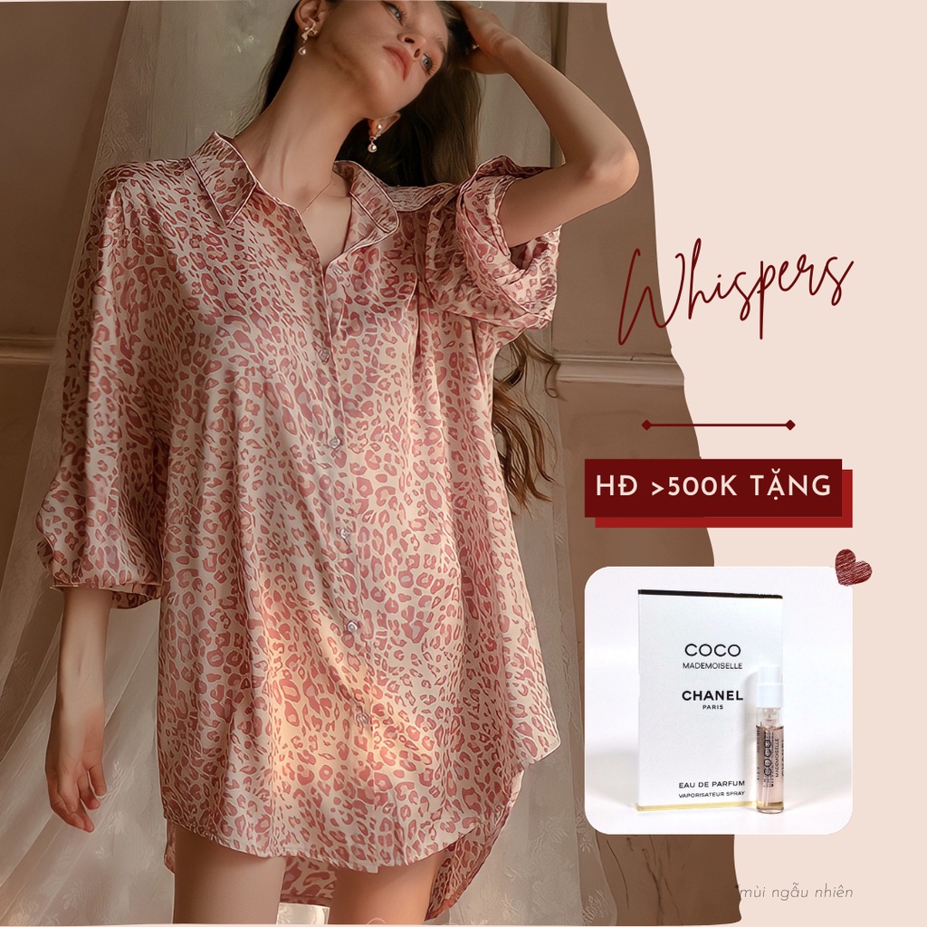 Váy ngủ sơmi  - Áo ngủ dáng dài hoạ tiết báo hồng