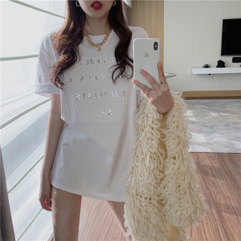 Áo thun SUXI tay ngắn cổ tròn dáng rộng in chữ thời trang mùa hè cho nữ